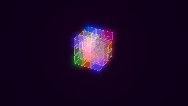 3d abstract animation workflow of disassembling and putting together neon cubes