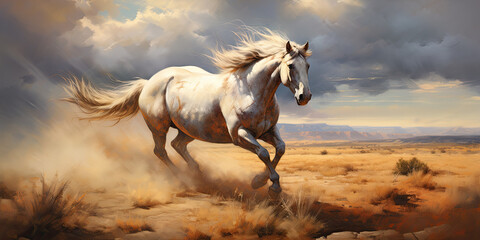 Obraz na płótnie Canvas A Horse Galloping Freely Across a Sun-Kissed Prairie - Embracing Strength and Freedom - Capturing the Untamed Essence of a Horse's Majestic Journey Generative AI Digital Illustration
