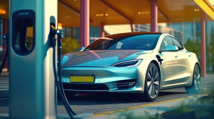 Obraz premium Electric Car Charging Created With Generative AI Technology 