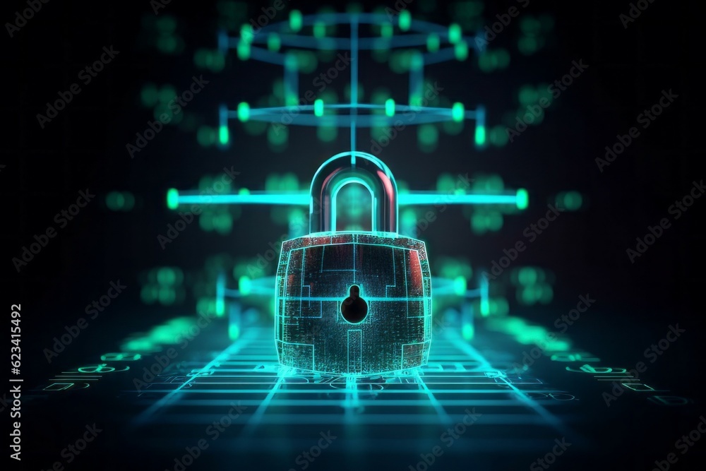 Poster futuristic background with a padlock as a symbol of internet security and personal data protection. 