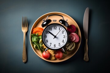 Alarm clock on a plate. The concept of proper regular nutrition. Background with selective focus and copy space - obrazy, fototapety, plakaty