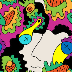 Abstract seamless surreal pattern with hand drawn abstract faces