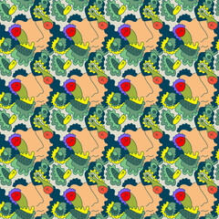 Abstract seamless surreal pattern with hand drawn abstract faces