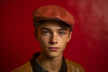 Medium shot portrait photography of a beautiful boy in his 20s wearing a cool cap against a red background. With generative AI technology