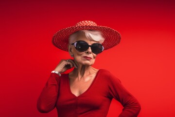 Lifestyle portrait photography of a glad old woman wearing a daring bikini against a red background. With generative AI technology