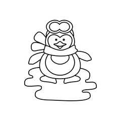 Cute winter penguin coloring page. Line art design for kids colouring book. Vector illustration.
