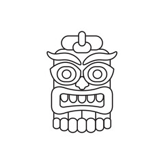 Tiki tribal wooden mask coloring page. Hawaian traditional atribute. Contour black and white silhouette. Vector illustration.