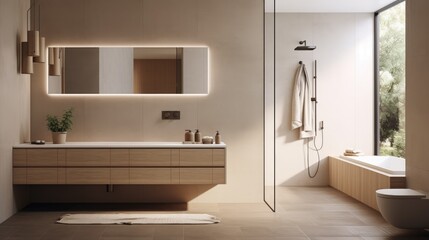 Serene and minimalist bathroom with a walk-in shower, neutral tiles, and a wall-mounted vanity, generative ai