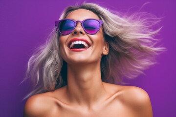 Medium shot portrait photography of a satisfied girl in her 30s wearing a stylish swimsuit against a vibrant purple background. With generative AI technology