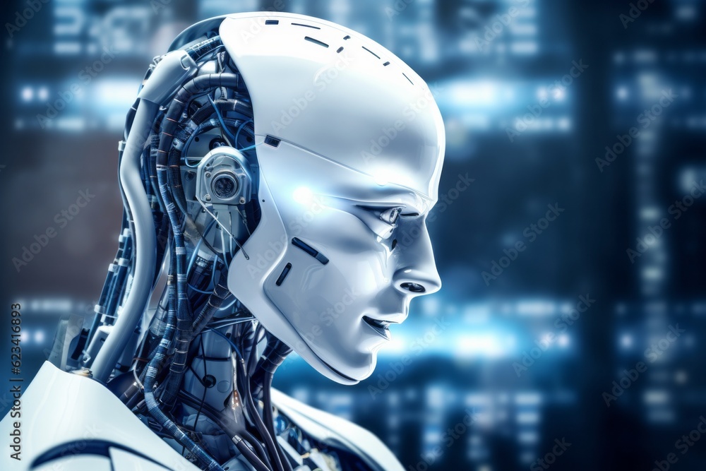 Poster anthropomorphic artificial intelligence. portrait with selective focus and copy space