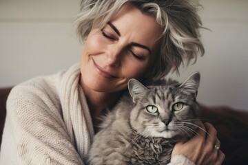 A cute cat is a favorite pet of an adult woman. Portrait with selective focus