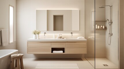 Fototapeta na wymiar Serene and minimalist bathroom with a walk-in shower, neutral tiles, and a wall-mounted vanity, generative ai