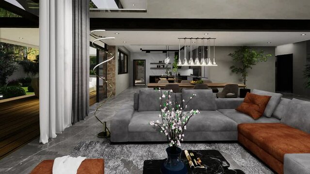Interior of a family house, living room with kitchen - 3D animation