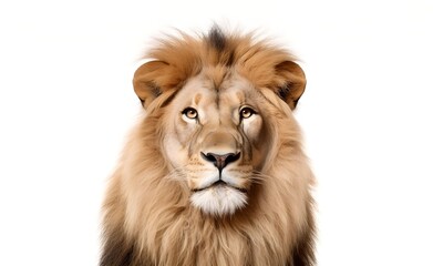 Creative Animal Concept. Lion peeking over bright white background. Generative AI.