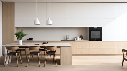 Simple and elegant kitchen with clean lines, integrated appliances, and a minimalist backsplash, generative ai