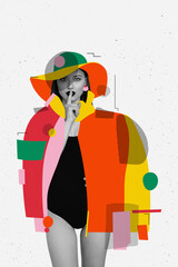 Creative retro 3d magazine collage image of sexy adorable lady asking keep silence isolated white color background