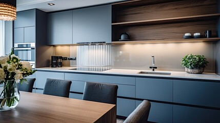 Sleek and modern kitchen with handleless cabinets, a waterfall island, and integrated appliances, generative ai