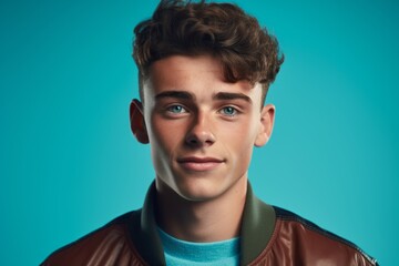Obraz premium Close-up portrait photography of a glad boy in his 20s wearing a sleek bomber jacket against a turquoise blue background. With generative AI technology