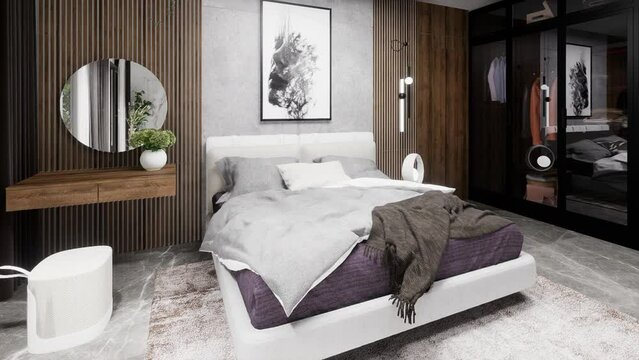 Modern bedroom design, bedroom interior design 3D animation.