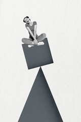 Creative magazine collage image of carefree smiling lady sitting risky top isolated white color background