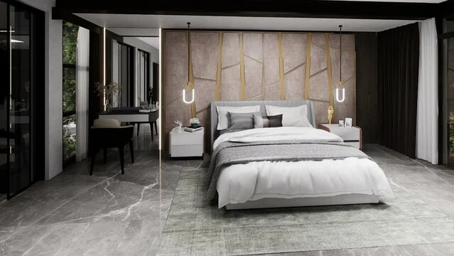 Modern interior design bedroom, luxury apartments interior design 3D animation.