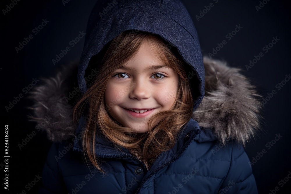 Wall mural Close-up portrait photography of a grinning kid female wearing a cozy winter coat against a deep indigo background. With generative AI technology