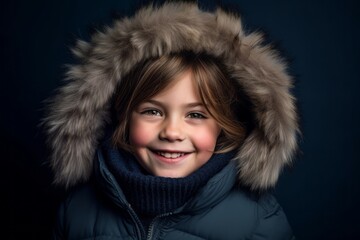 Close-up portrait photography of a grinning kid female wearing a cozy winter coat against a deep indigo background. With generative AI technology