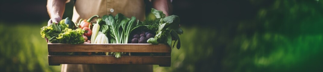 Farmer holding a box of fresh organic vegetables with copy space. Generative AI