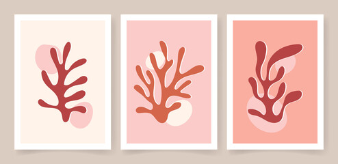 Fototapeta na wymiar Abstract coral posters. Contemporary organic shapes minimalist in Matisse style, graphic vector illustration
