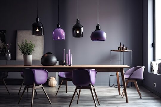purple colors in the dining room. Very periwinkle and lavender violet in color with black accents. a big lamp. painted walls that are empty in a minimalist space. Mockup interior design room with acce