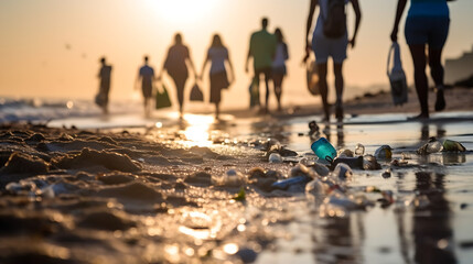 People, children cleaning up garbage on the beach for environmental clean up concept, water pollution, sea, ocean, AI Generated - obrazy, fototapety, plakaty