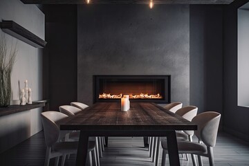 Restaurant room with fireplace in the background, blurred. Generative AI