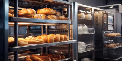 Foto auf Acrylglas Brot bread bakery with baked loafs in shelfs of commercial kitchen concept of bread baking production manufacture business and modern technology. generative ai