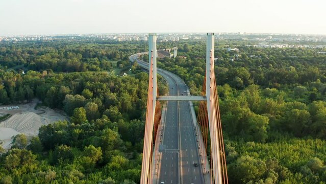 Siekierkowski bridge over Vistula river and Trasa Siekierkowska road in Warsaw, capital city of Poland.