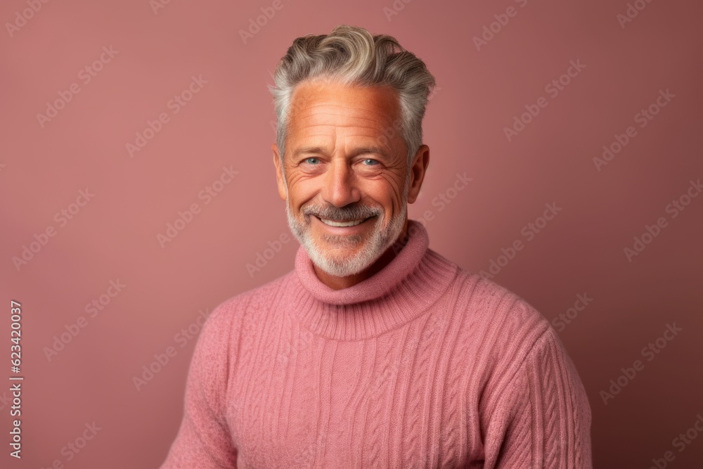 Poster Environmental portrait photography of a happy mature man wearing a cozy sweater against a dusty rose background. With generative AI technology