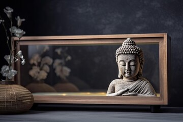 With a gorgeous sleeping Buddha sculpture on a glass shelf, a message can be written on a grey letterboard or an antique frame. interior design of a home. Generative AI