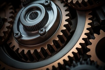 Metal gear sprockets in well used machine, closeup still life with beautiful textures and shape....