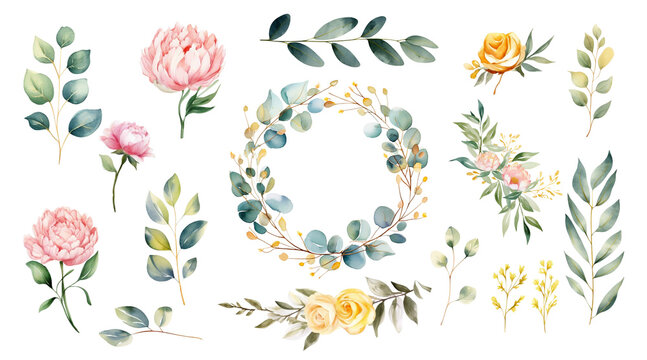 Watercolor Wedding Wreath Frame with Abundant Green Leaves, Enchanting Pink Peach Blush White Flowers, and Majestic Eucalyptus, Olive, Peony, and Yellow Rose Bouquet. Generative AI