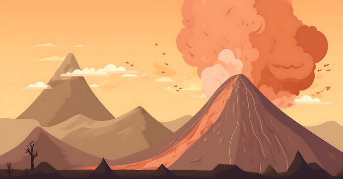 Volcano Eruption Near a City, catastrophe, natural disaster, danger, vector, pastel colors, modern image, AI generated Illustration.
