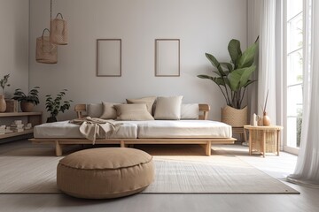 With a design sofa, wooden stool, coffee table, cushion, blanket, decoration, plant, and personal accessories in contemporary home decor, the Mediterranean interior has a modern feel. Template