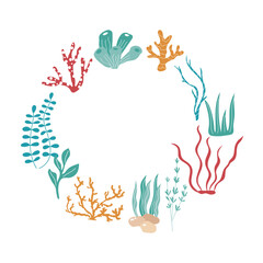 Colourful handdrawn marine plants, seaweed and corals in a round shape. 
