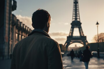 Fototapeta na wymiar The back view of a man looking at the scenery in front of the Eiffel Tower, an example of a faceless person, a man on a trip, people's back material, European travel, INS photo, Eiffel Tower