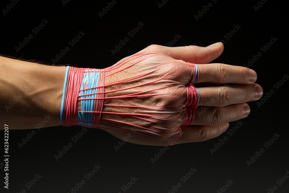 Aufkleber An overhead view of a hand with kinesiology tape wrapped around the thumb joint to provide stability and prevent injury  Generative AI technology.