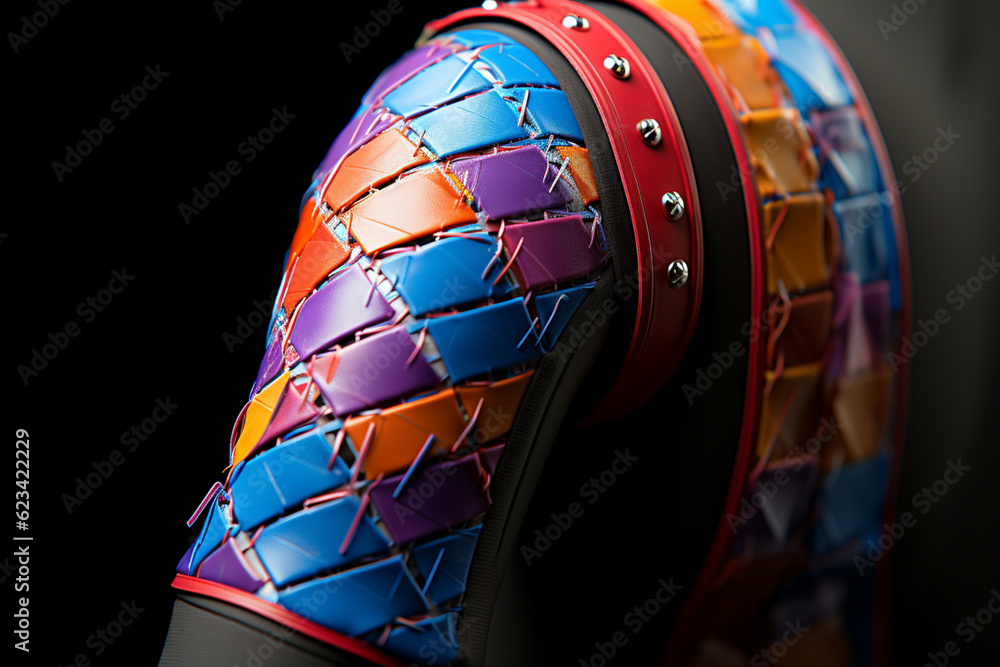 Poster a close-up of an athlete's shoulder with colorful kinesiology tape applied to provide stability and 