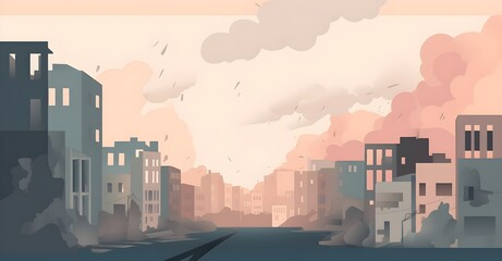 City in ruins is under bomb attack, airplanes, in war, explosions with smoke and fire spreading everywhere, catastrophe, disaster, illustration Generative AI