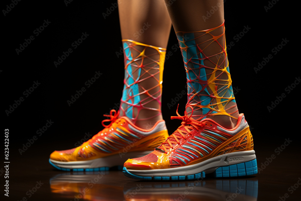 Poster a dancer wearing kinesiology tape on their ankle to provide stability and prevent sprains during int
