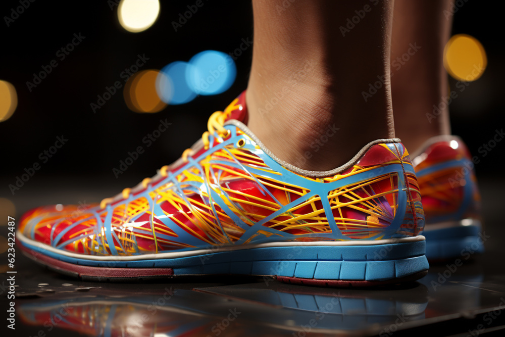 Poster a series of images showing the application of kinesiology tape on the arch of the foot to support th