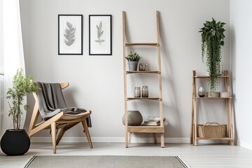 Scandinavian leaning bookcase on a white wall. Flowers and a pot. Generative AI