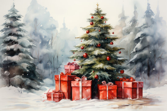 Gifts under the Christmas tree in the forest, watercolor style. New Year card. AI generative.