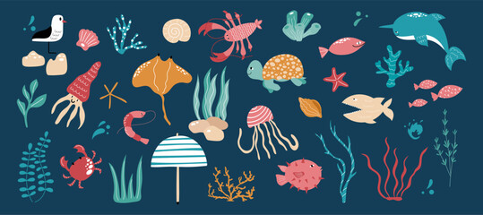 Colourful trendy set of underwater animals and plants. Handdrawn corals, fish, crab, seagull, jellyfish with texture.